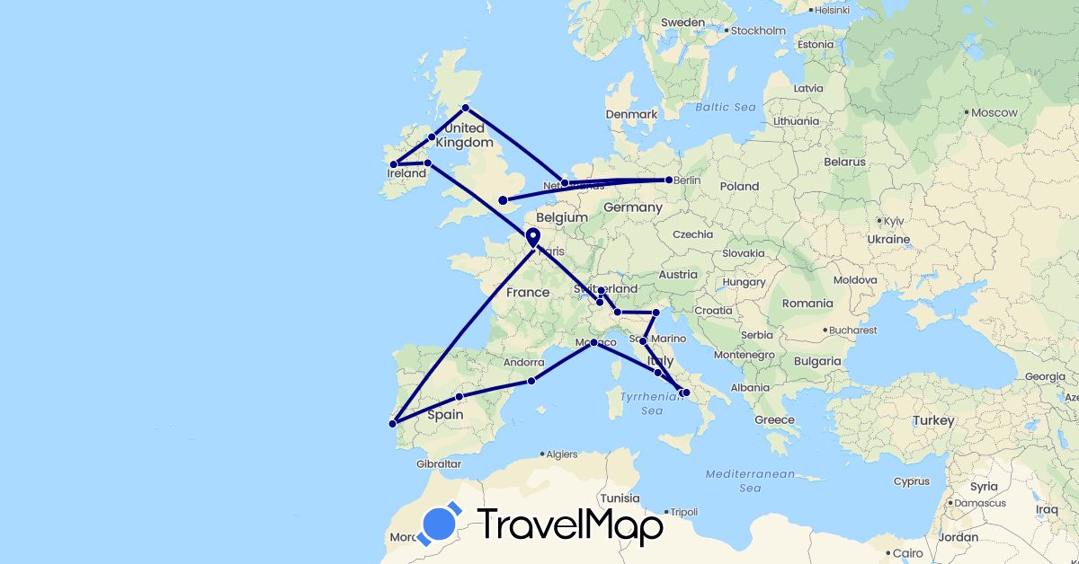 TravelMap itinerary: driving in Switzerland, Germany, Spain, France, United Kingdom, Ireland, Italy, Netherlands, Portugal (Europe)